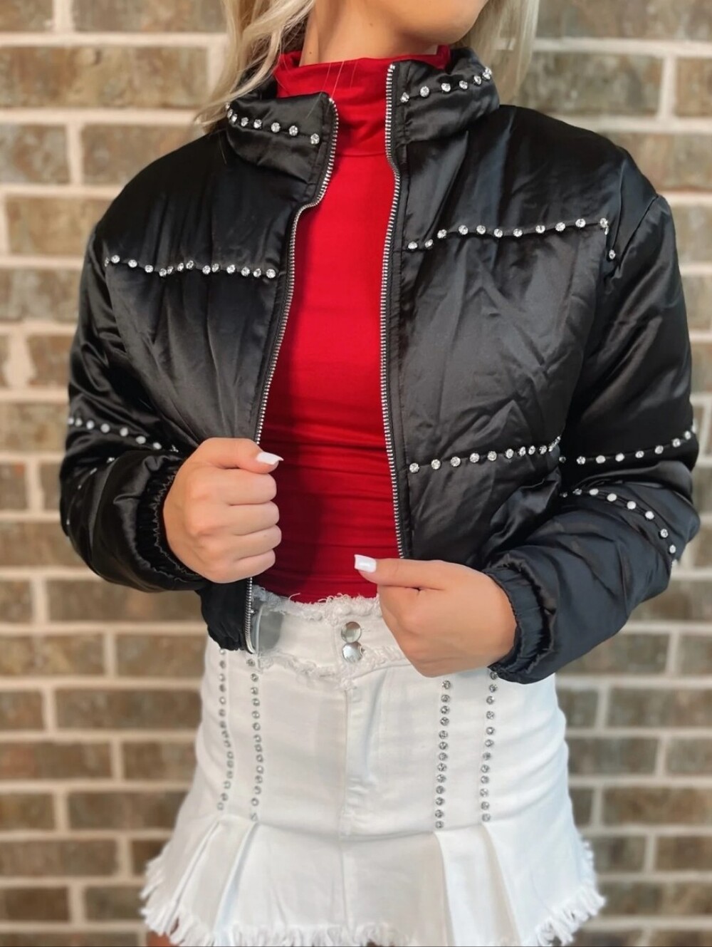 Swank A Posh Black Cropped Studded Bomber Jacket